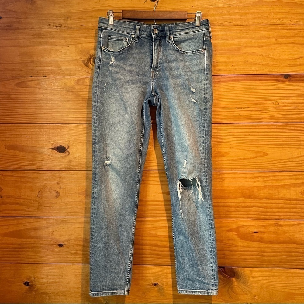 H&M &Denim Girlfriend Fit High Rise Straight Leg Distressed Denim Jeans 28
